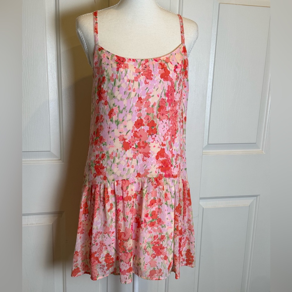 Abercrombie & Fitch Pink Floral Mini Dress Size M Flowy Ruffle Hem Strappy - Picture 2 of 8
